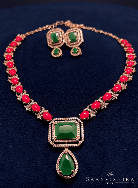 Red Coral Green Gemstone Necklace with Earrings