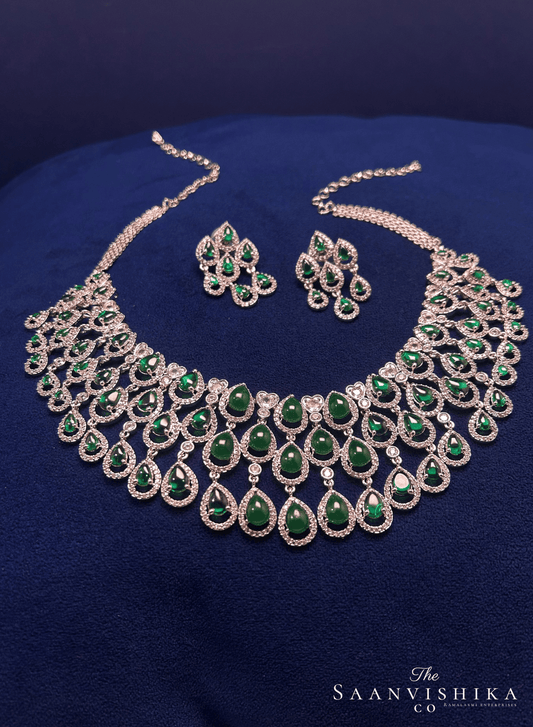 3 Layer Droplet Necklace with Earrings Green