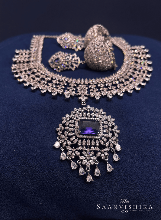Detachable Pendant Grand Diamond Necklace with Earrings Purple
