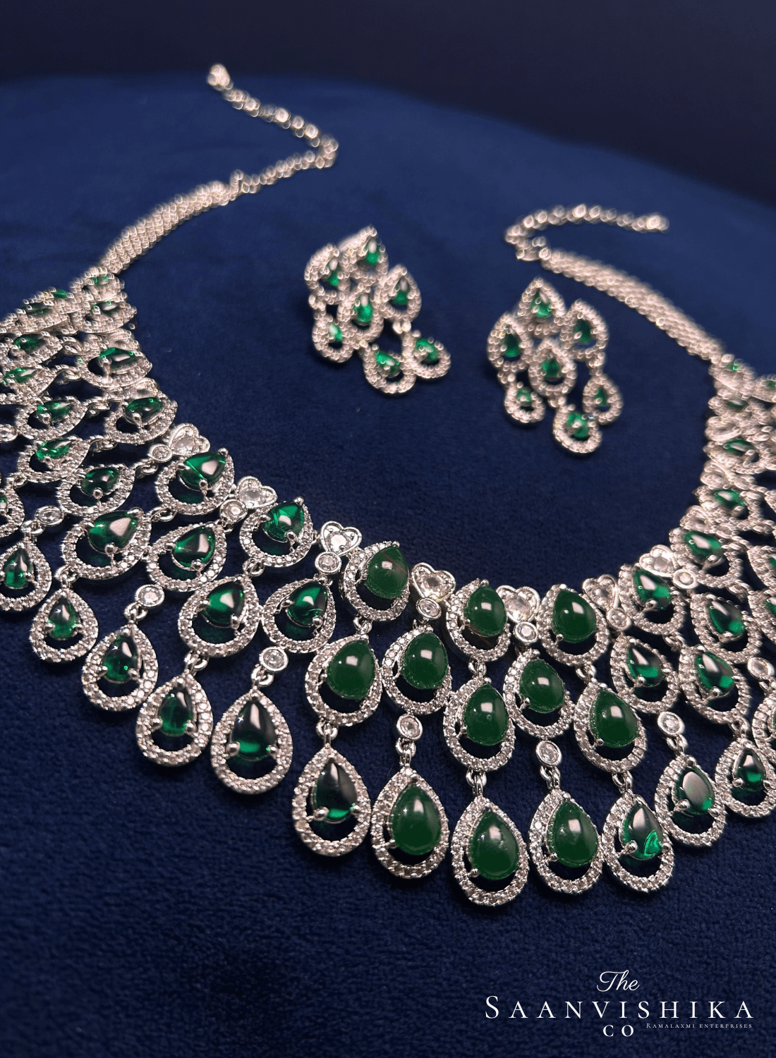 3 Layer Droplet Necklace with Earrings Green