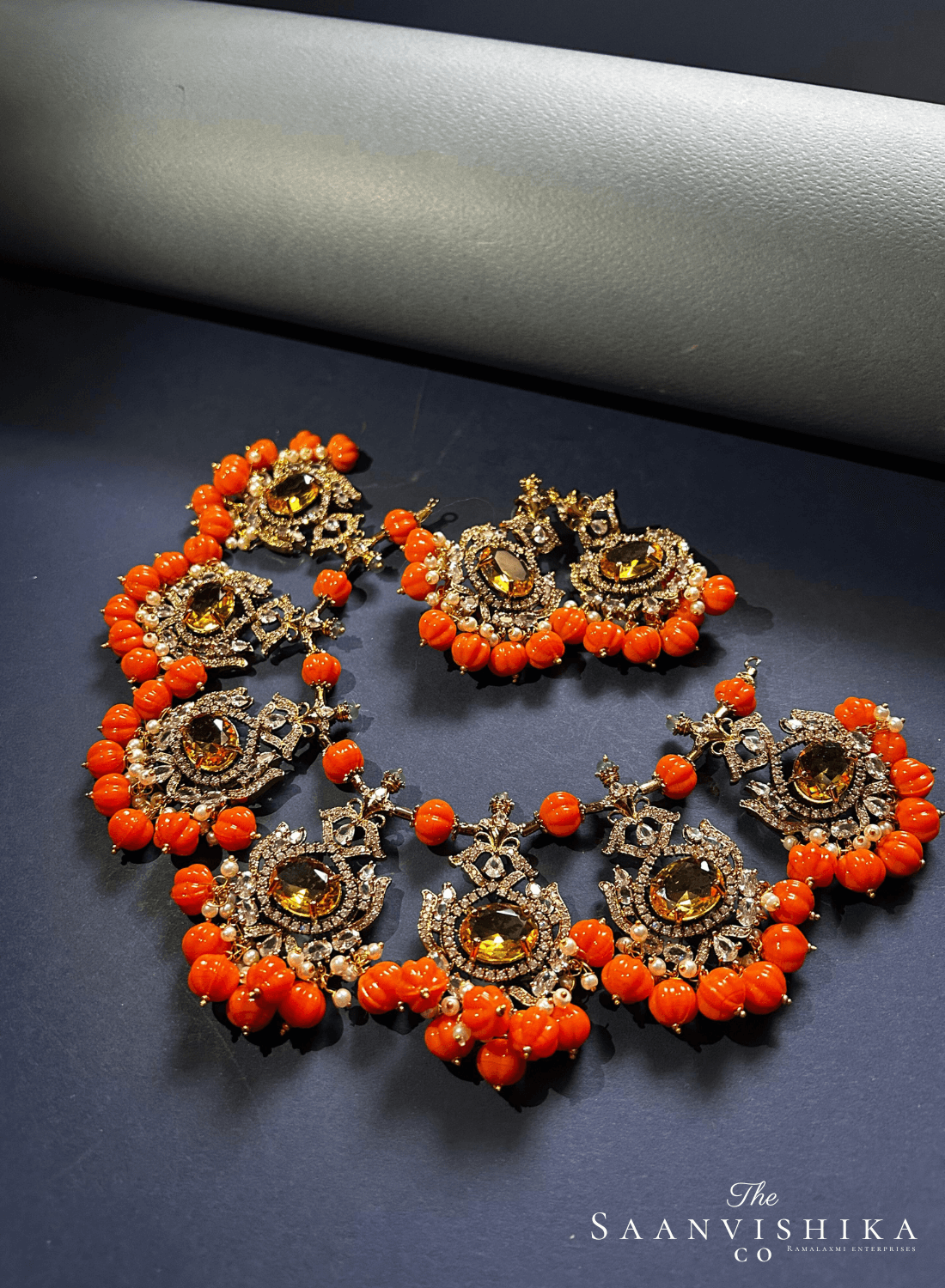 Grand Victorian Beads Necklace and Earrings Orange