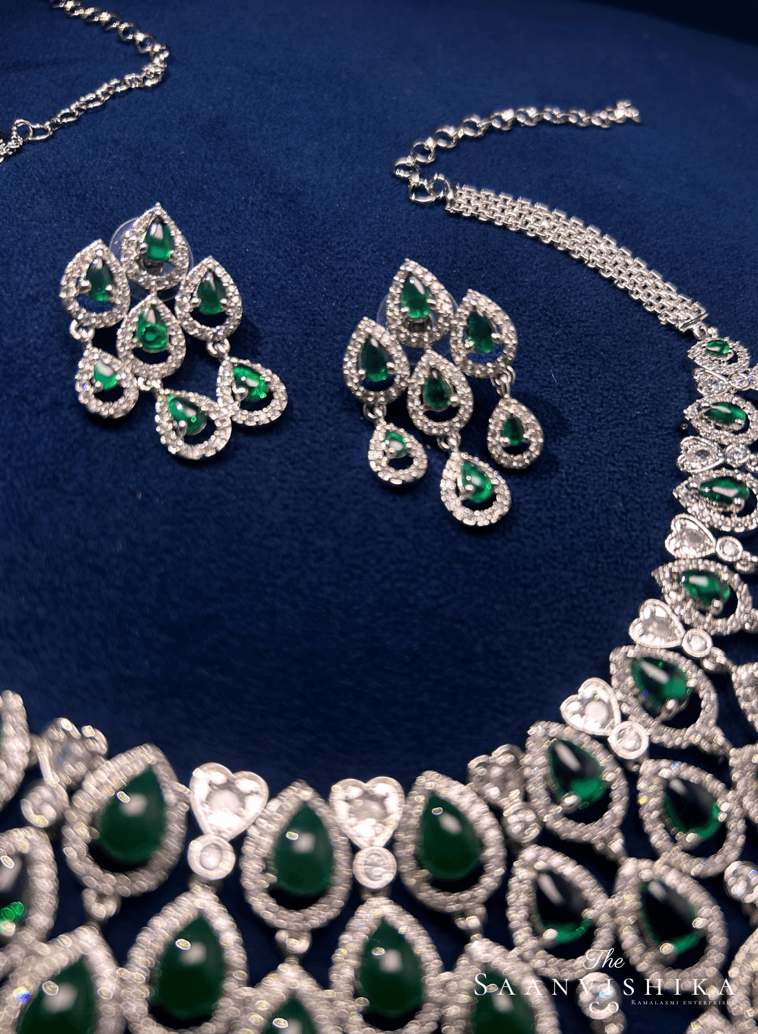 3 Layer Droplet Necklace with Earrings Green