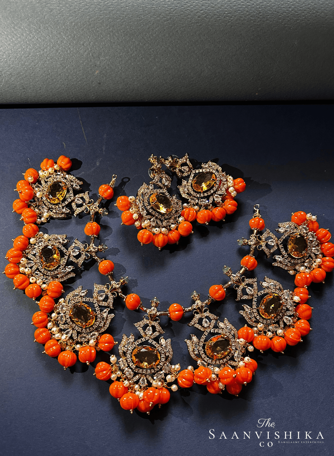 Grand Victorian Beads Necklace and Earrings Orange