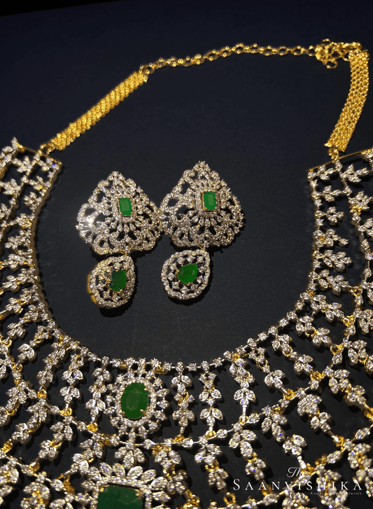 Bridal Triple Gemstone CZ Diamond Necklace Set (Green)