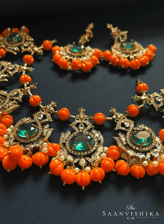 Grand Victorian Orange Beads with Emerald Necklace and Earrings
