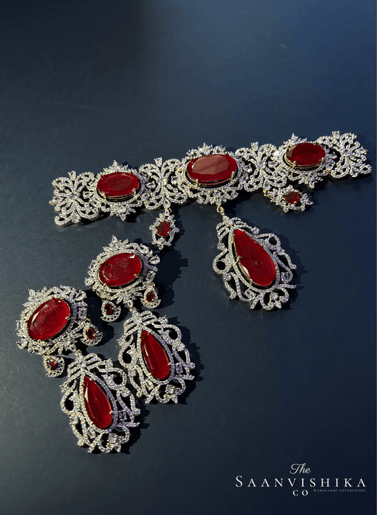 Grand Gemstone Diamond Choker with Earrings Red