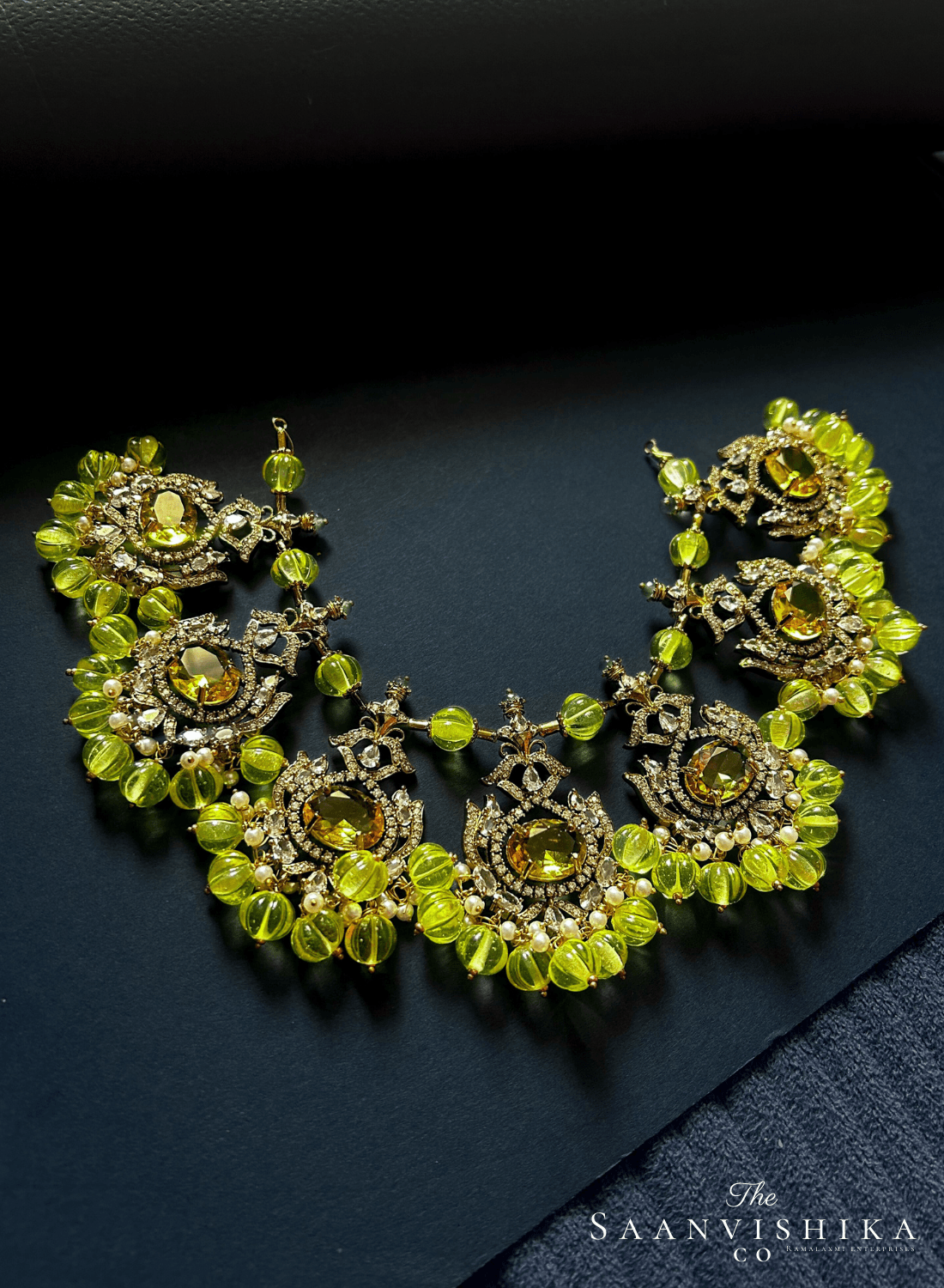 Grand Victorian Orange Beads with Emerald Necklace and Earrings