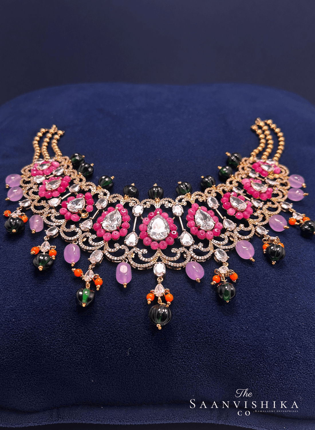 Stylish Modern Beaded Necklace with Earrings Pink