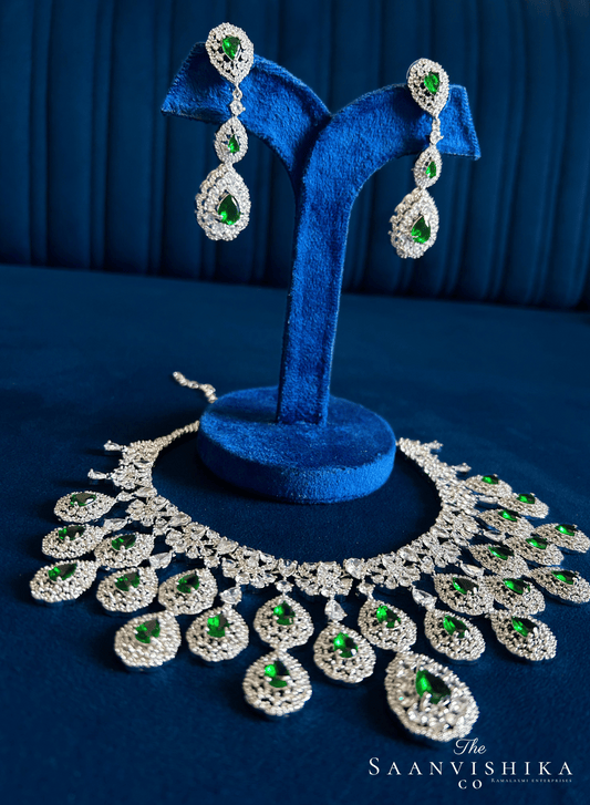 Double Droplet CZ Diamond Necklace (Green)