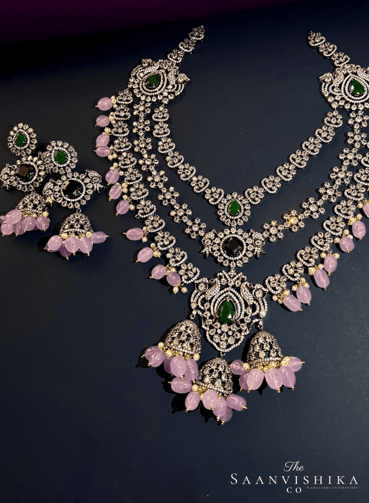 Triple Gemstone Pink Beads Diamond Necklace Green