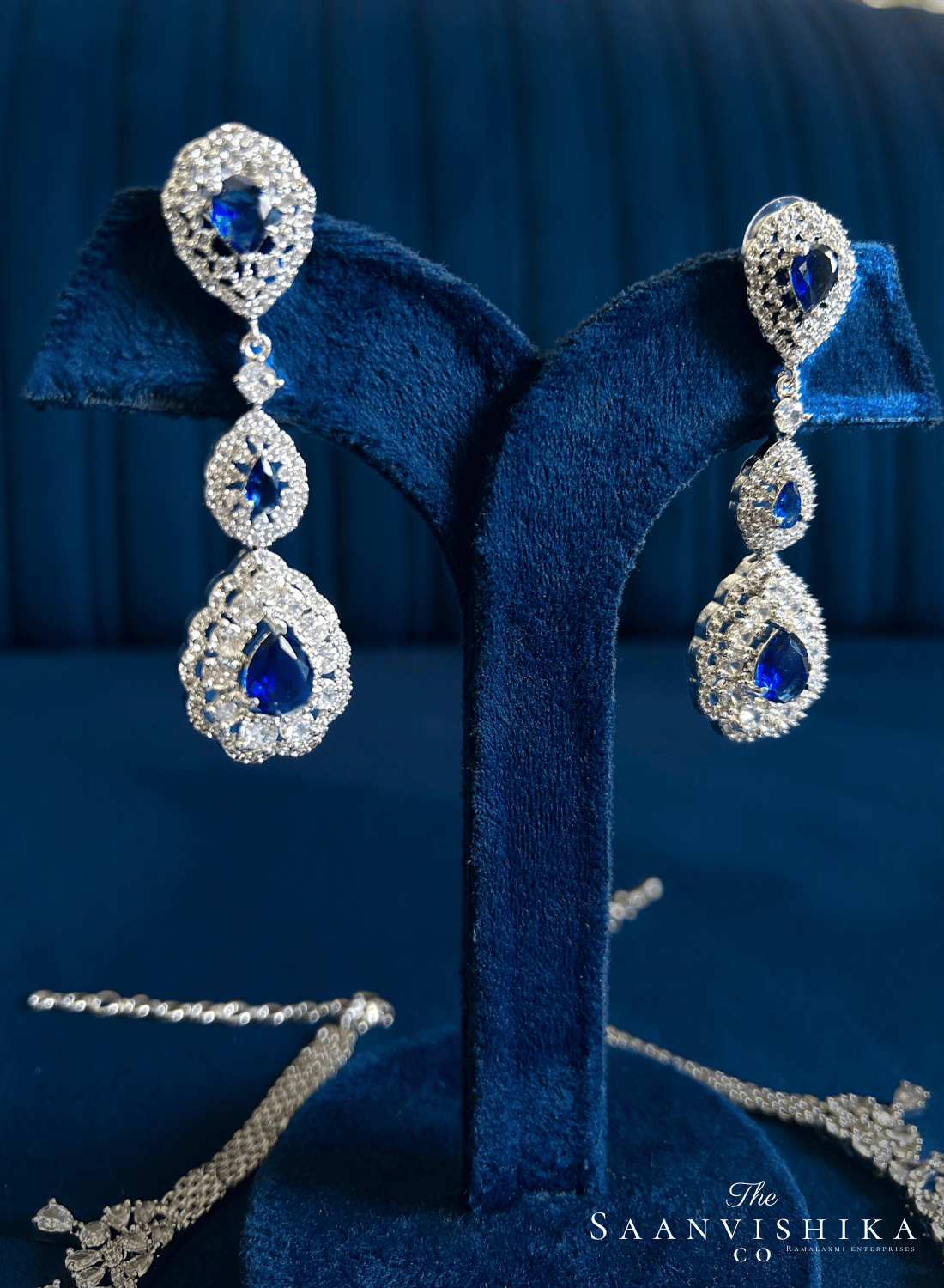 Double Droplet CZ Diamond Necklace (Blue)