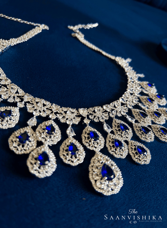 Double Droplet CZ Diamond Necklace (Blue)