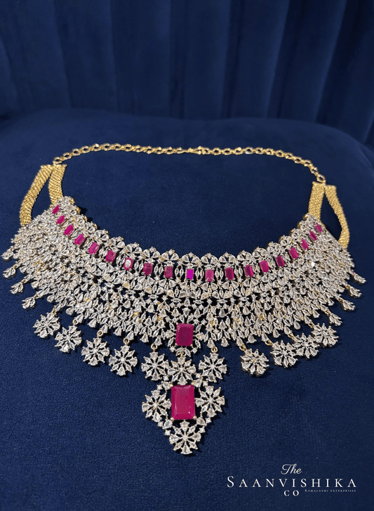 Grand Bridal Multi American Diamond Choker Set (Red)