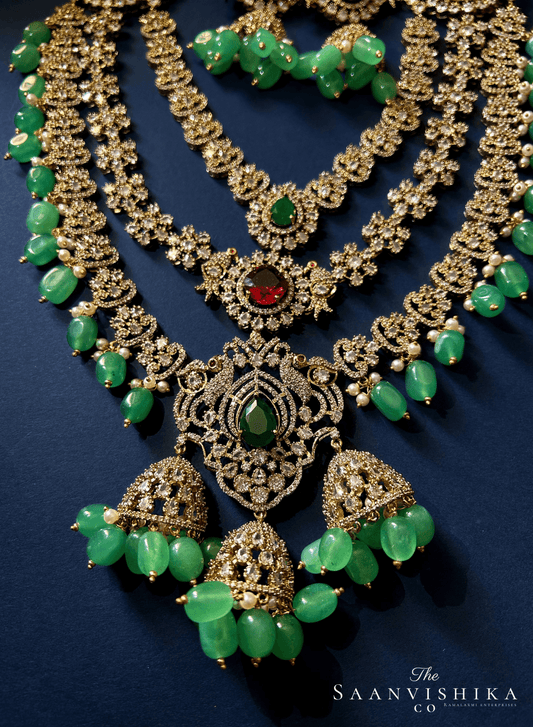 Triple Gemstone Green Beads Diamond Necklace Multi Color