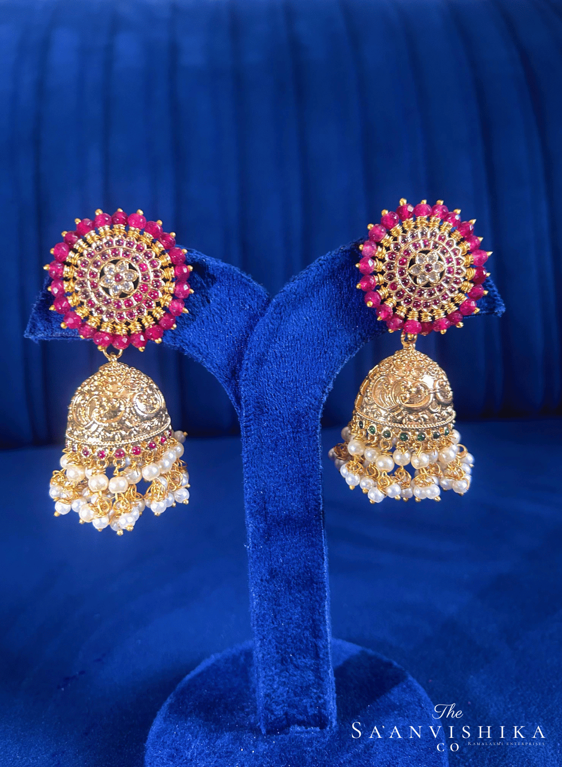 Grand Designer Pearls Jhumka Earrings Red