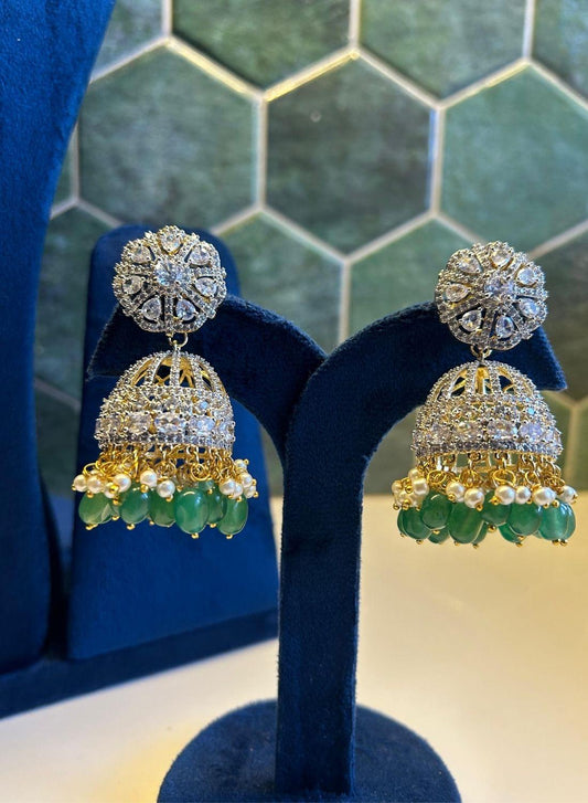 Designer Kante Neckalce with detachable Jhumka earrings and natural green beads