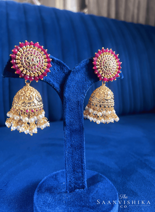 Grand Designer Pearls Jhumka Earrings Red