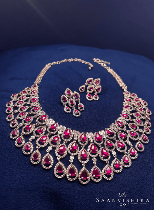 3 Layer Droplet Necklace with Earrings Ruby
