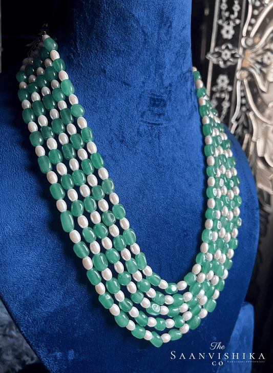 5 Line Beaded Mala (Green and white) with Floral studs