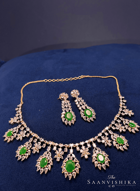 Hexagonal Gem Diamond Necklace with Earrings Green with Earrings