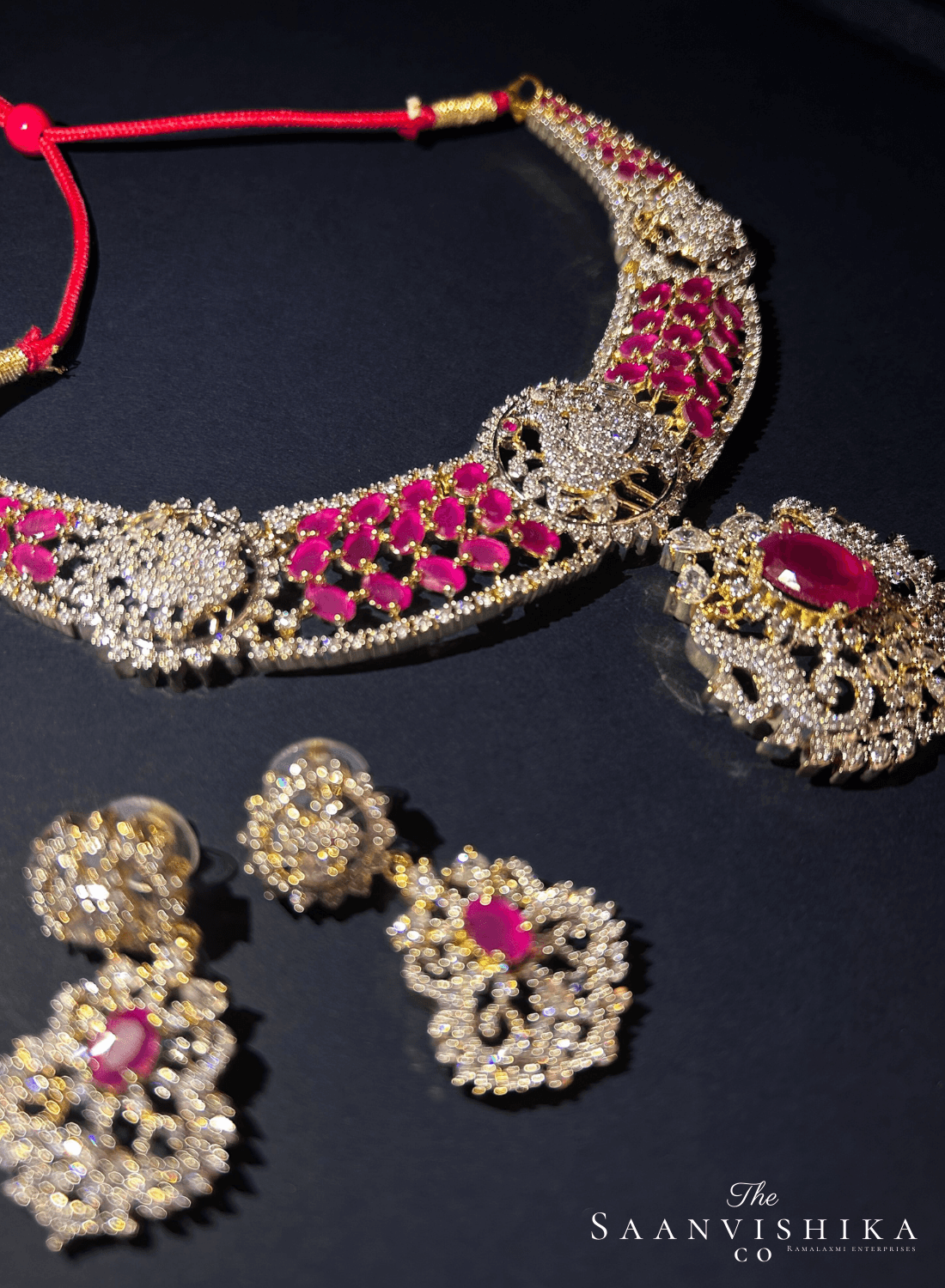 Peacock Necklace Ruby Red with Earrings