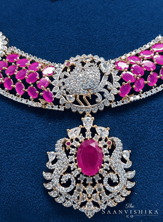 Peacock Necklace Ruby Red with Earrings