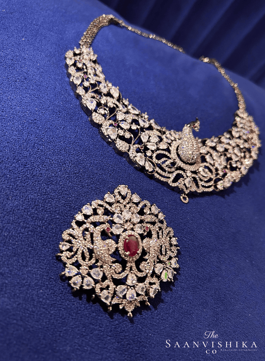 Victorian Peacock Necklace Set with Detachable Pendant (Red)