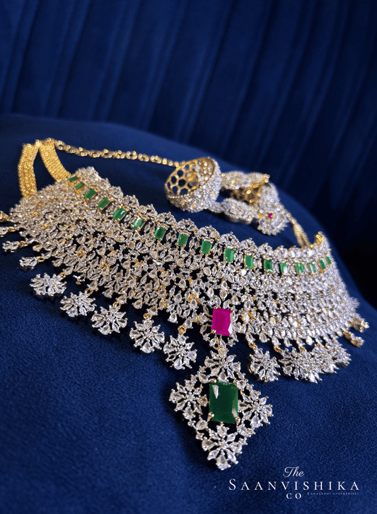 Grand Bridal Multi American Diamond Choker Set (Multicolor)