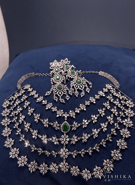 5 Layer Black Victorian Green Diamond Heavy Necklace with Earrings