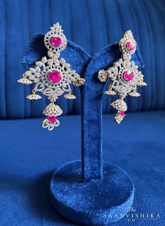 Triple Stone Modern Jhumka Earrings Red