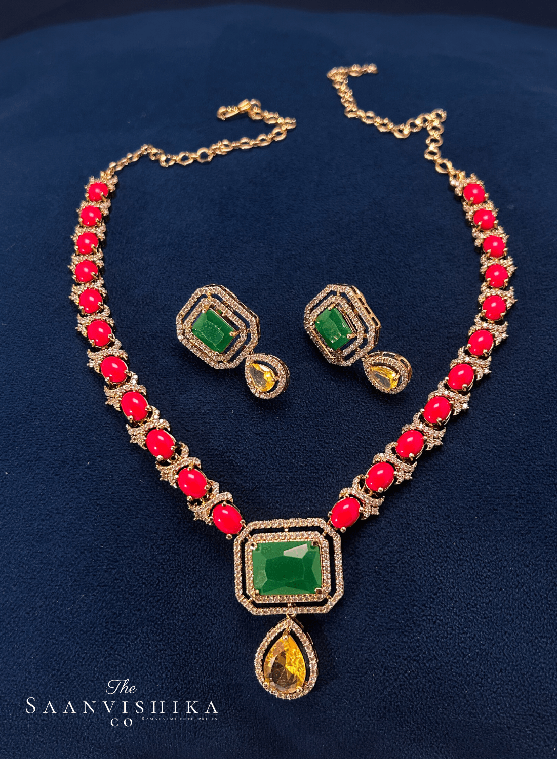 Red Coral Green Gemstone Necklace with Earrings