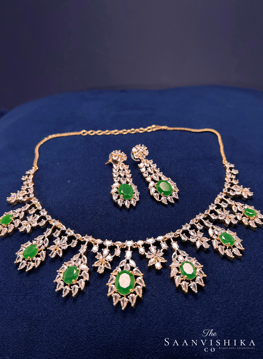 Hexagonal Gem Diamond Necklace with Earrings Green with Earrings