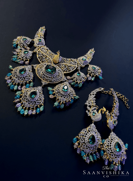 Grand Peacock Diamond Gemstone Necklace with Earrings