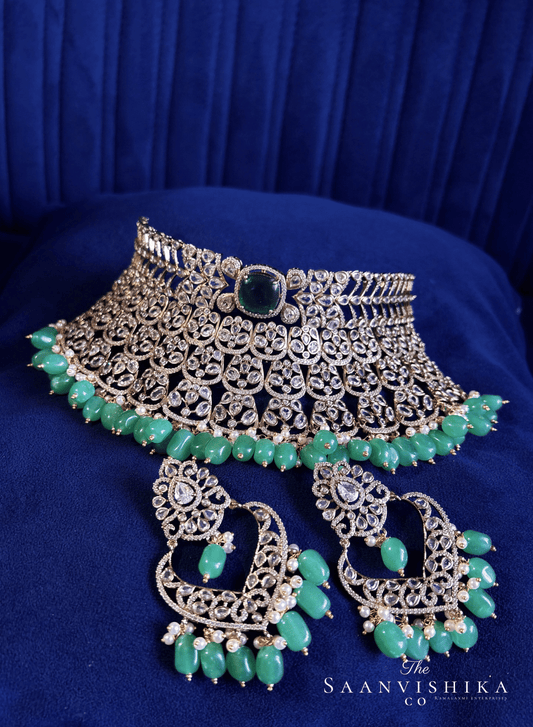 Victorian CZ Diamond Choker with Chandbali (Green Beads)