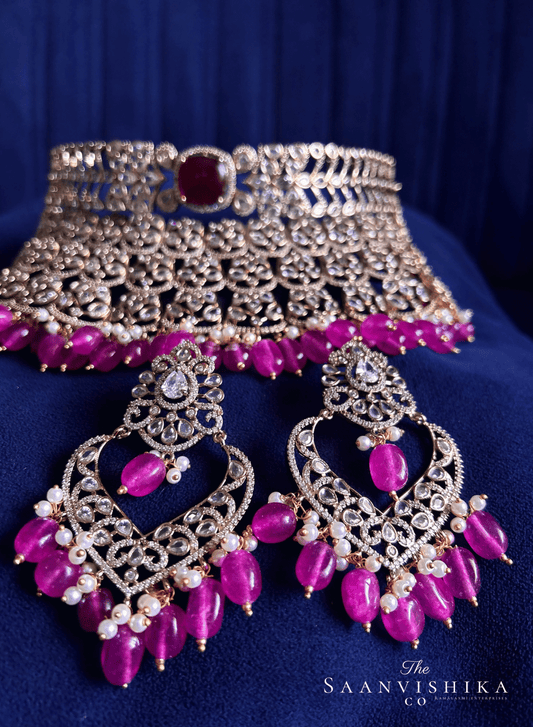 Black Victorian CZ Diamond Choker with Chandbali (Pink Beads)