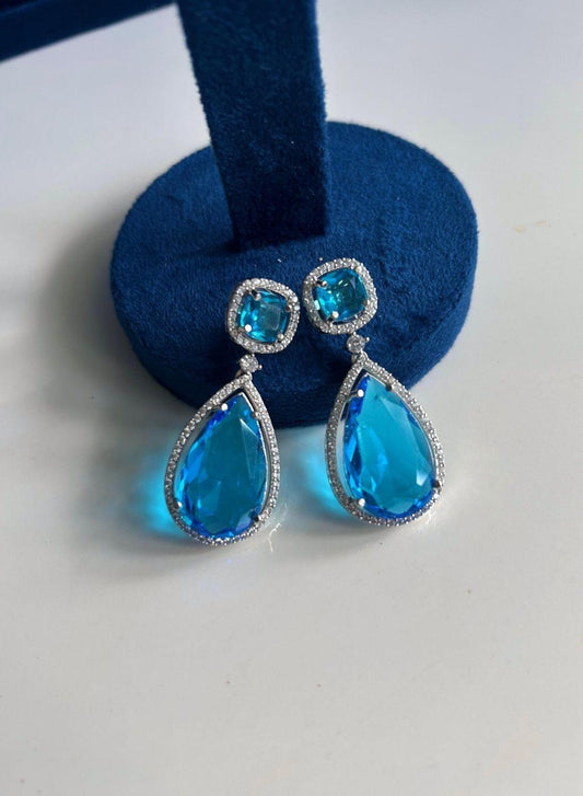 Silver Teardrop Gemstone Doublet Earrings Simple Blue