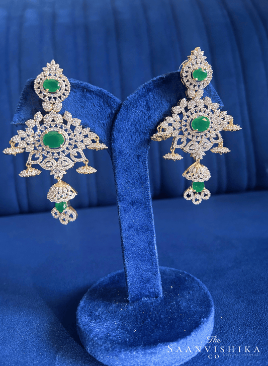 Triple Stone Modern Jhumka Earrings Green