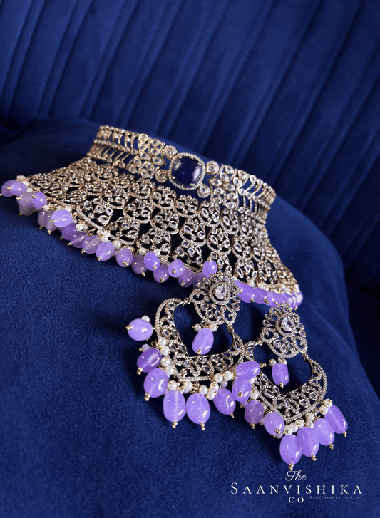 Victorian CZ Diamond Choker with Chandbali (Violet)