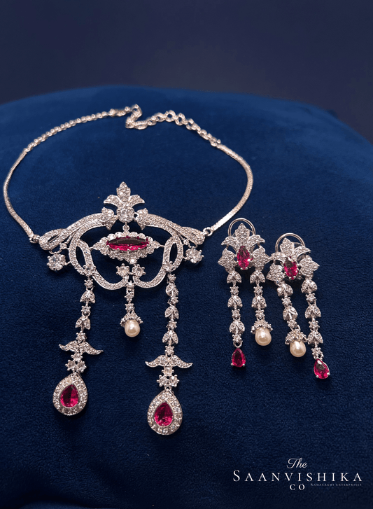 Modern Pearl Gemstone Necklace with Earrings Red