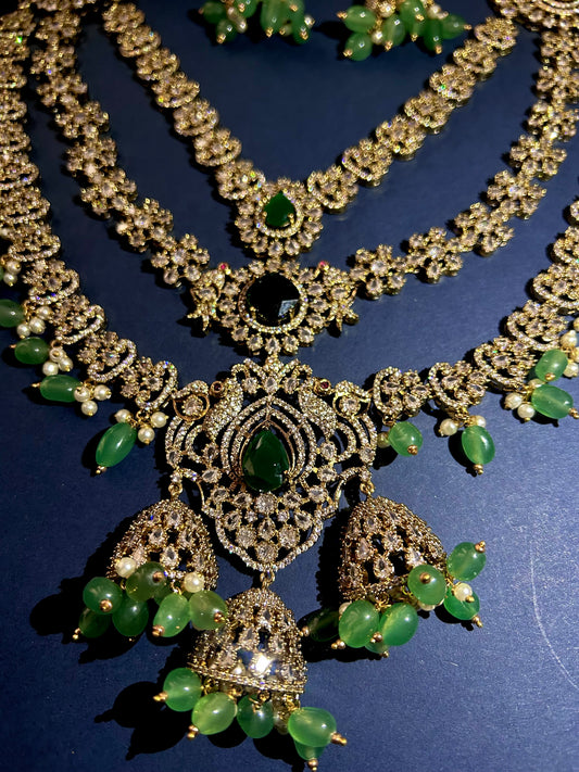 Triple Gemstone Green Beads Diamond Necklace Green