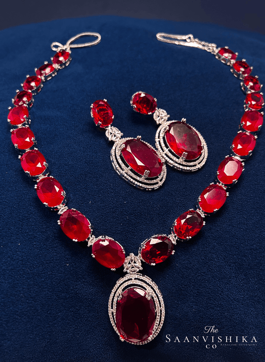 Ruby Red Large Gemstone Necklace with Earrings