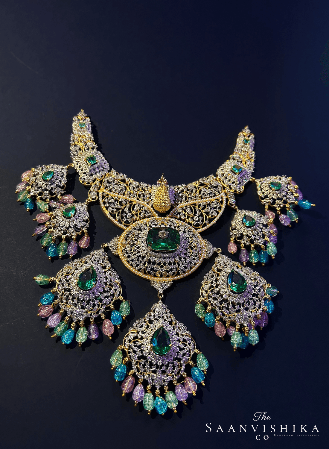 Grand Peacock Diamond Gemstone Necklace with Earrings