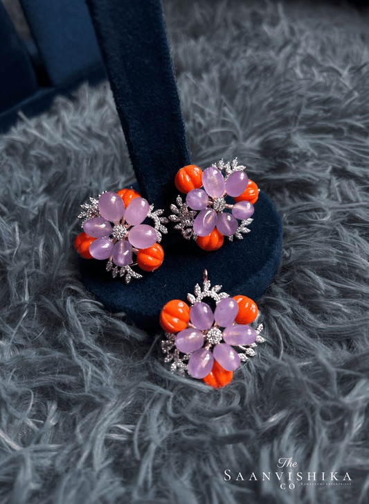 Jaipur Natural Beads Pendant set with Invisible Chain (Violet and Orange)