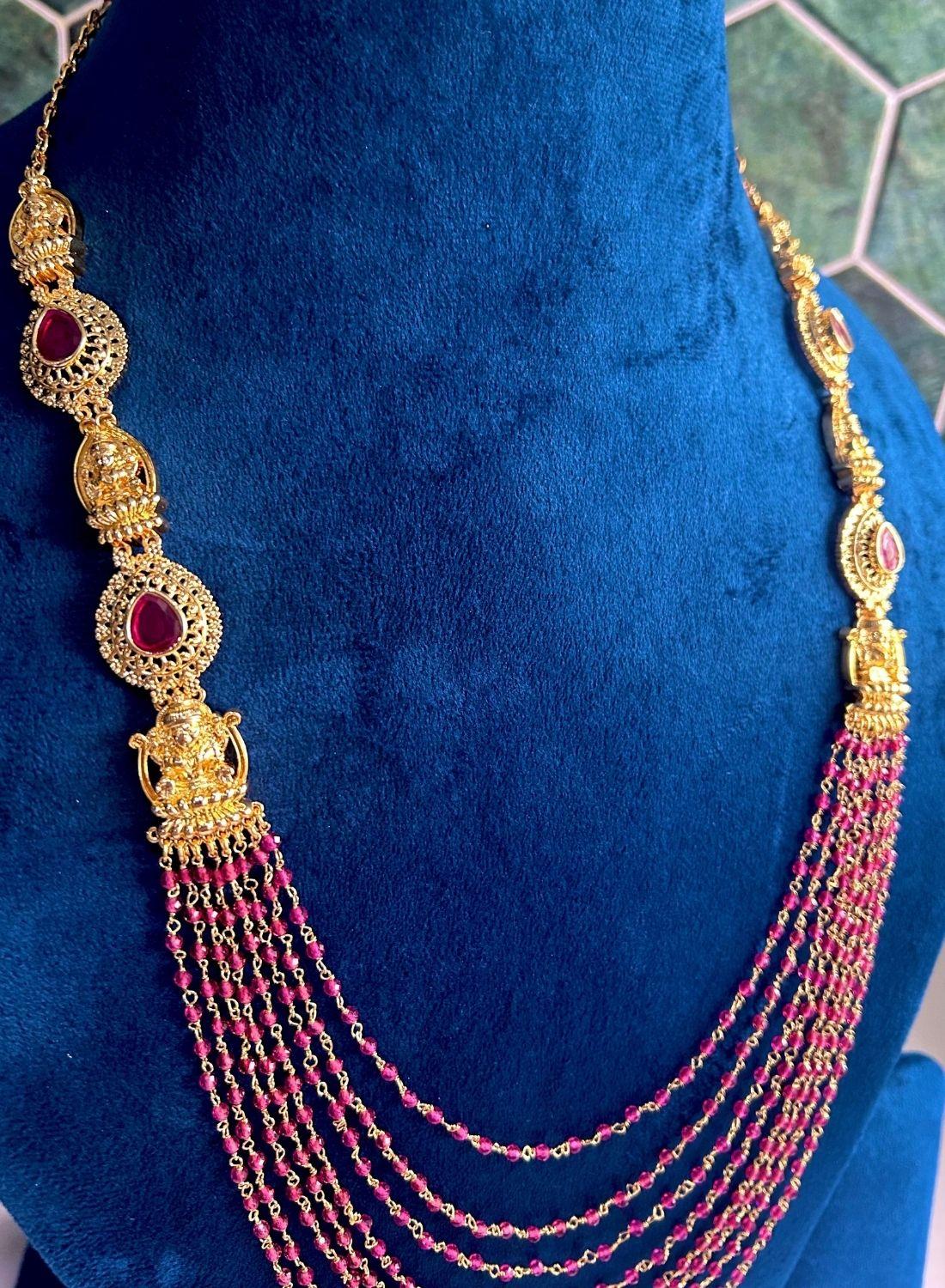 Microbeads 7 Lines Gold Necklace Red