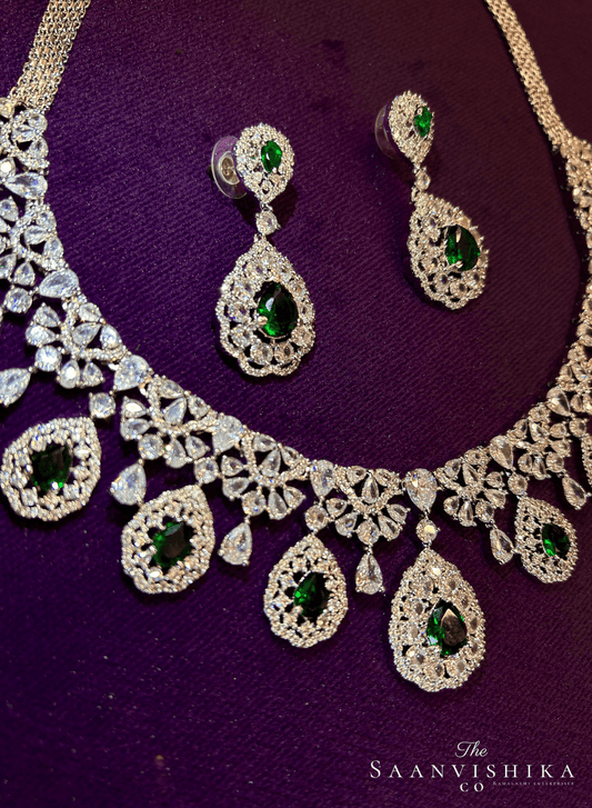 Hexagonal Droplet Diamond Necklace with Earrings Green