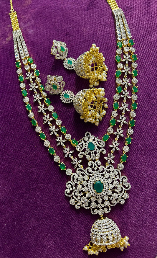 Jhumki Flower Pendant Grand Diamond Necklace with Earrings Green