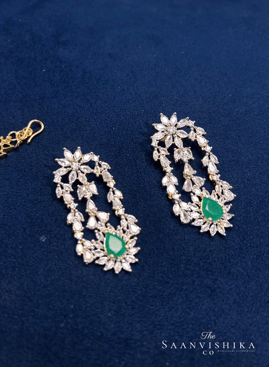 Modern Droplet Diamond Necklace with Earrings Green