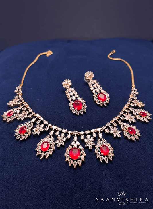 Hexagonal Gem Diamond Necklace with Earrings Red with Earrings