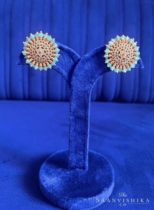 Green Beads Gold Stud Earrings