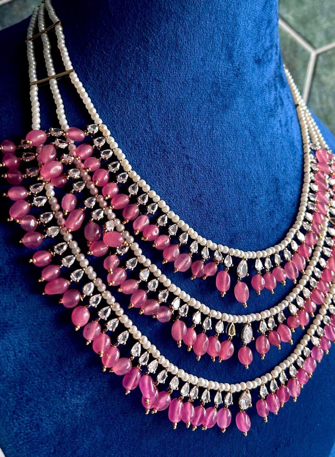 3 Line CZ Diamonds Pink Beads Mala